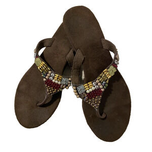 Mixit Womens Boho Beaded Thong Sandals Size 9 Brown Faux Suede Flip Flops
